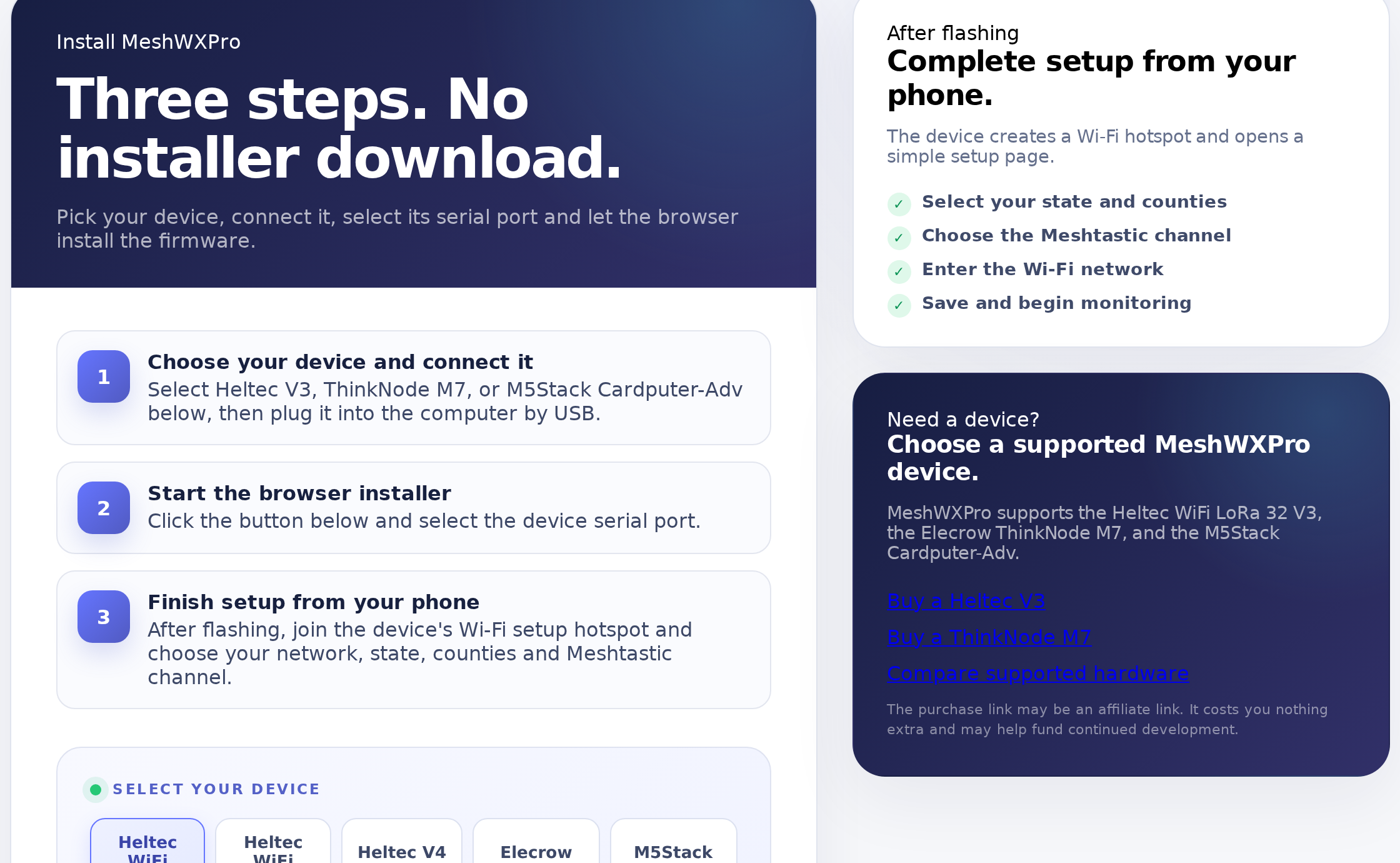 MeshWX Pro web flasher used to install Firmware on a supported device
