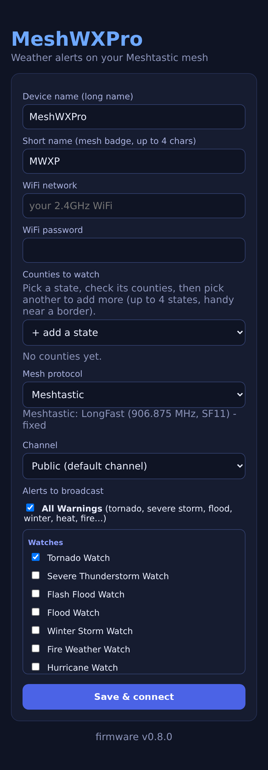 MeshWX Pro Firmware setup page after joining the MeshWXPro-Setup Wi-Fi network