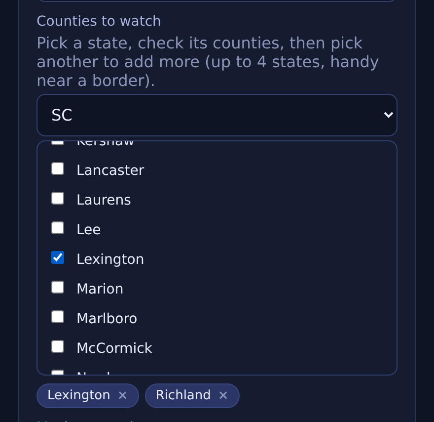 MeshWX Pro Firmware county picker for selecting United States National Weather Service coverage