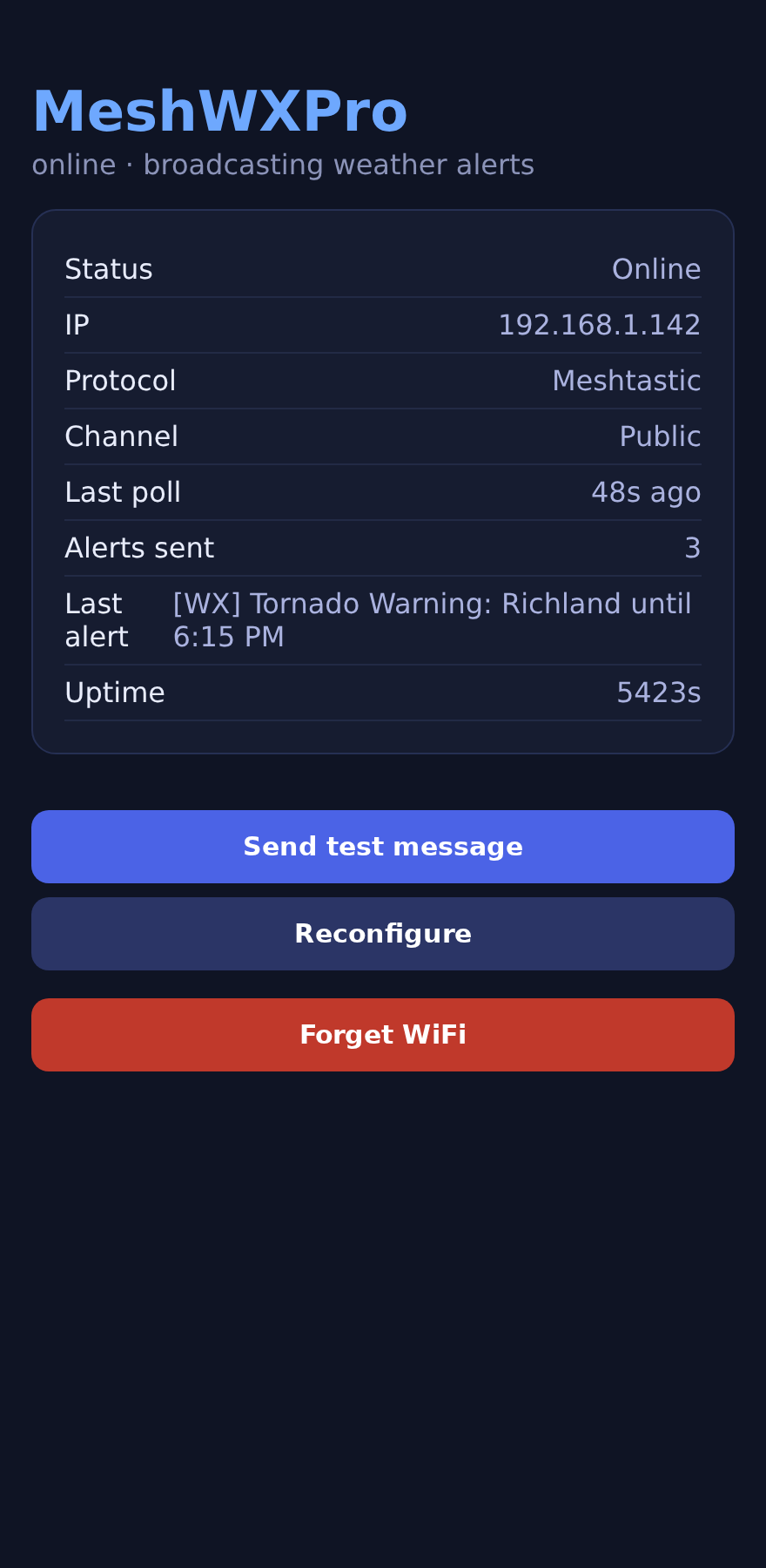 MeshWX Pro Firmware status page showing device operation