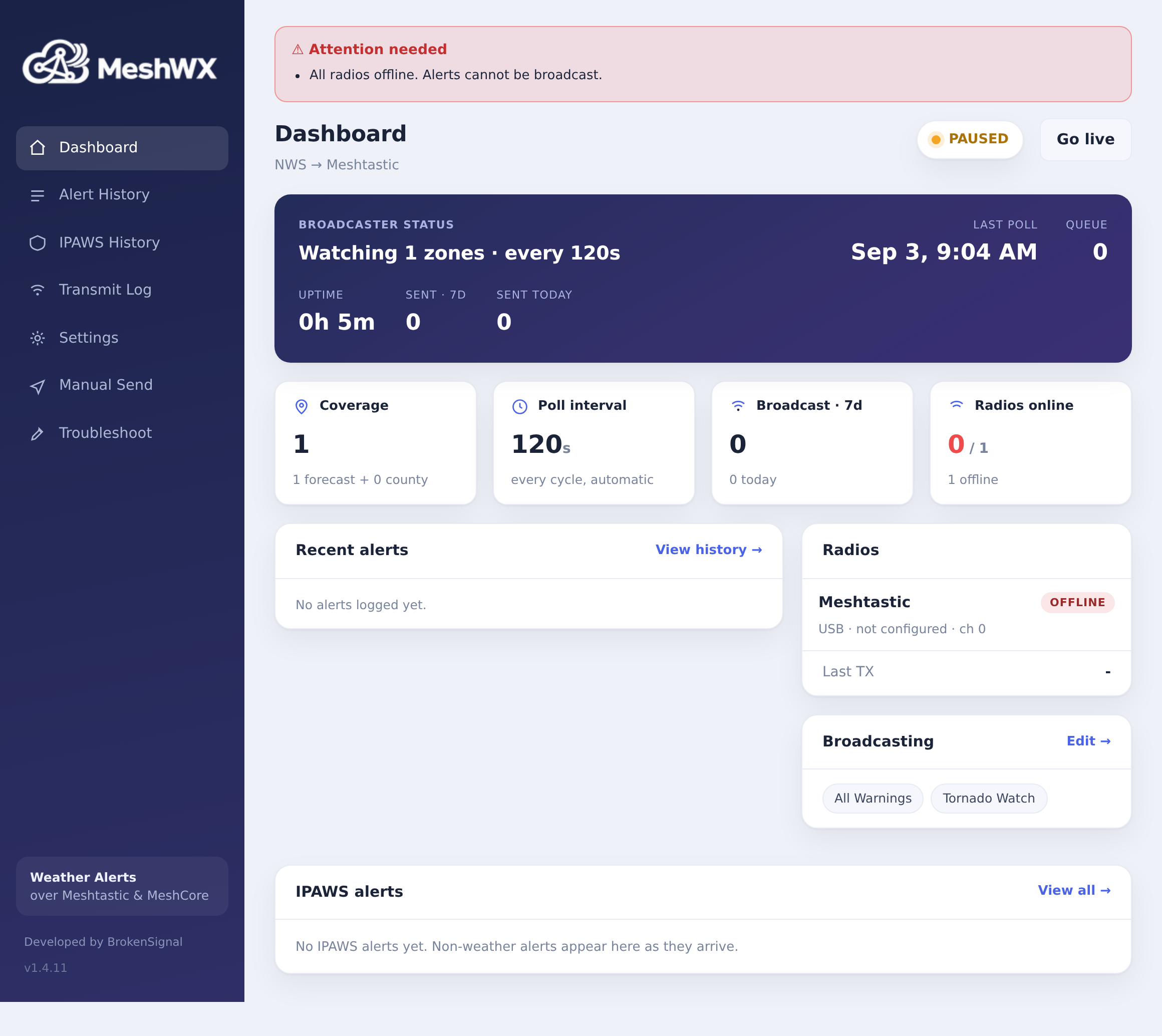 The dashboard on a fresh install: a red Attention needed banner (no radio yet), a PAUSED pill with a Go live button, live broadcaster stats, coverage and radio status. The left rail is your whole menu.