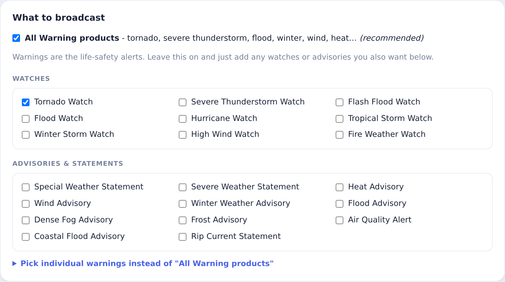 What to broadcast: the All Warning products master switch, plus checklists for Watches and Advisories to add on top.