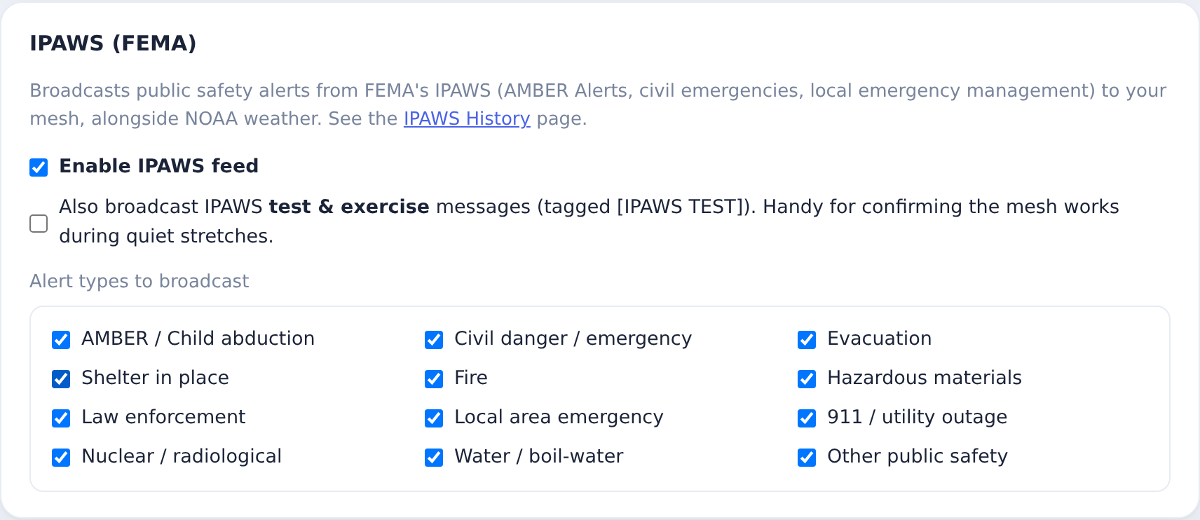 IPAWS panel: enable the feed, optionally also broadcast test/exercise messages, and choose which alert types to carry.