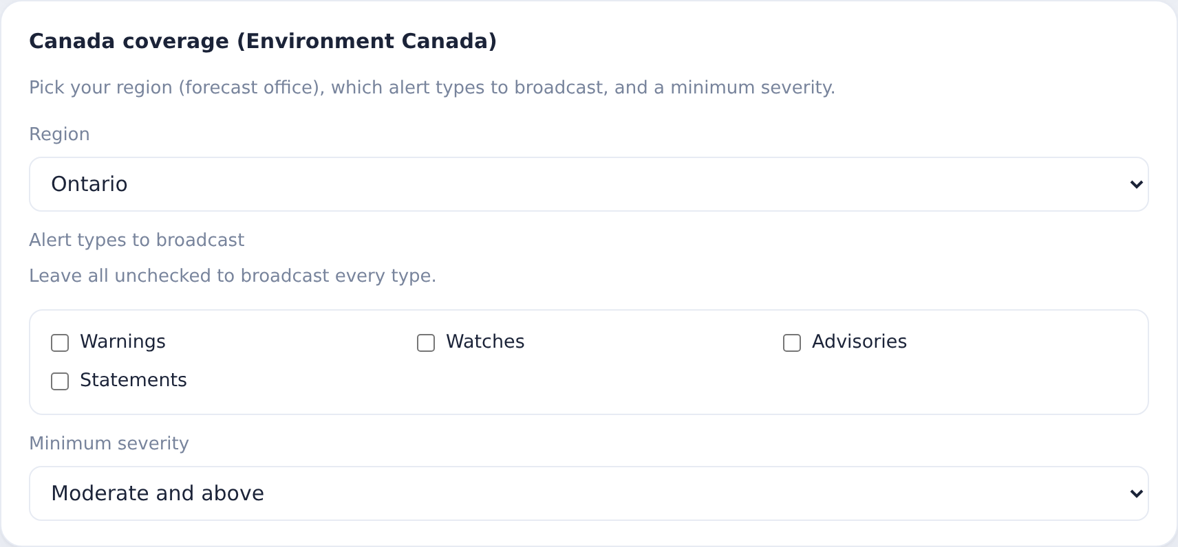 Canada coverage: choose an Environment Canada forecast region (Ontario here), the alert types, and a minimum severity.