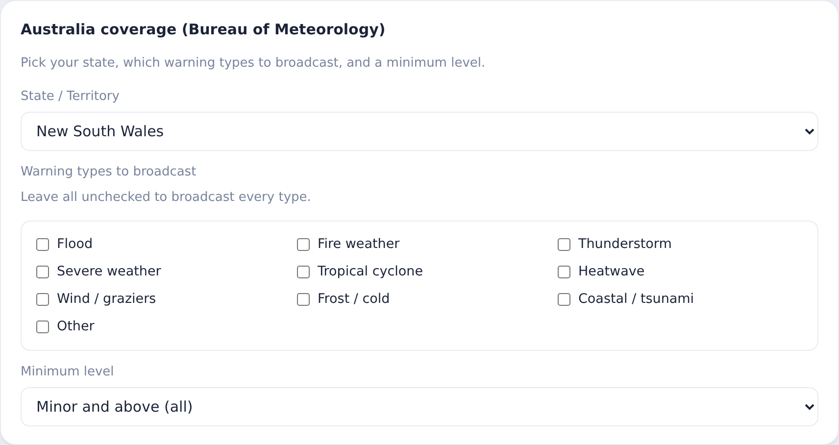 Australia coverage: choose a state or territory (New South Wales here), the warning types, and a minimum level.
