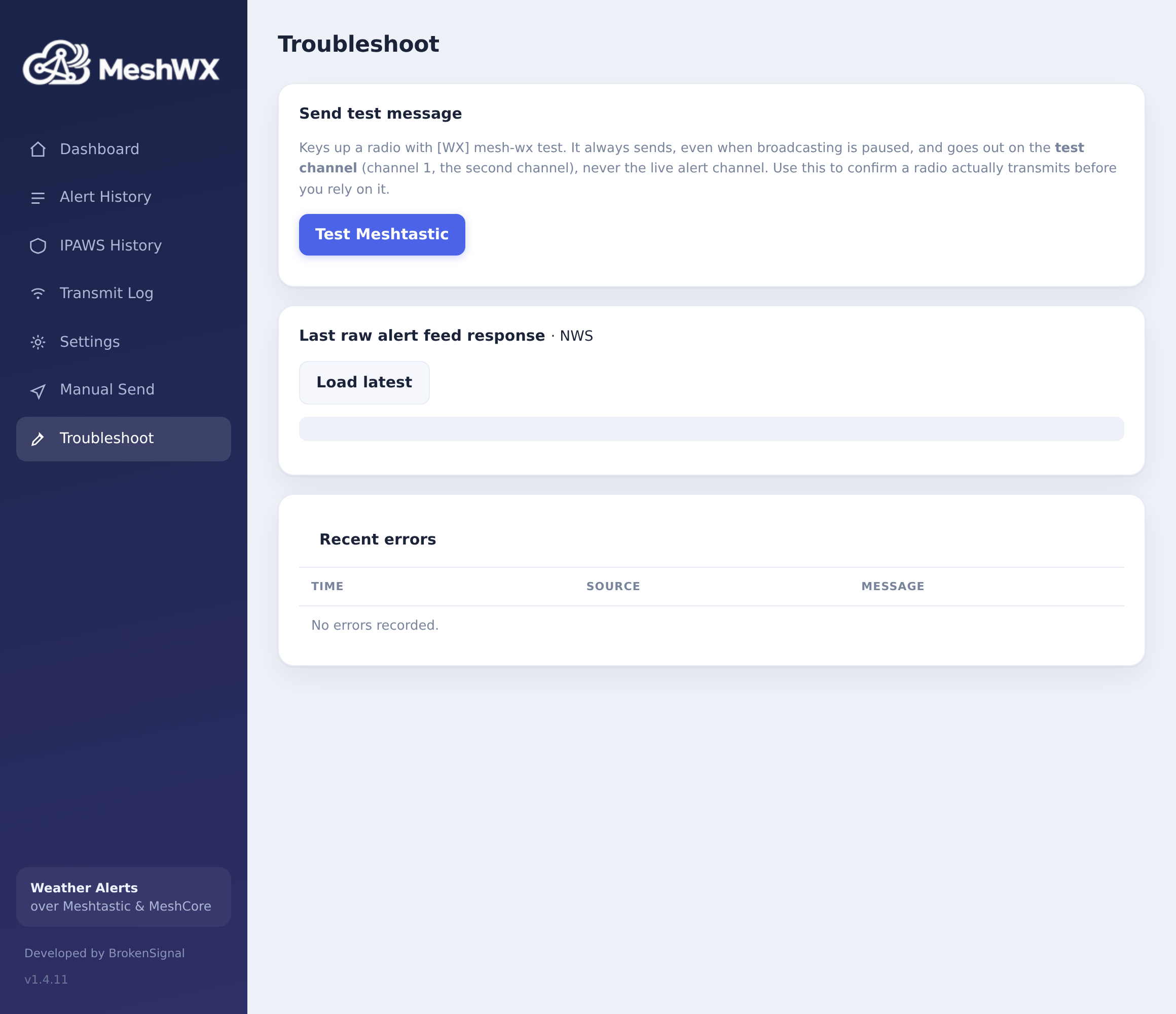 The Troubleshoot page: a Send test message button per radio, a Load latest button to see the raw alert feed response, and a Recent errors log.